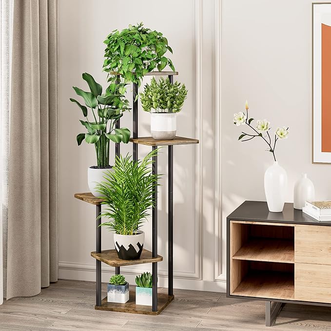 5 Tier Wood Tall Plant Stand Metal Rack Indoor, Planter Shelf Display Rack - Image 4