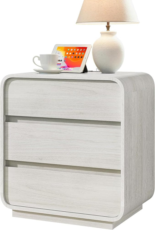 White Nightstand with Charging Station, Modern Dresser End Table with 3 Storage by StandifurnoFurniture