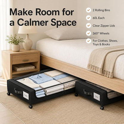 Camkey® Under Bed Storage with 360° Wheels, 60L Low-Profile Rolling Underbed - Image 7