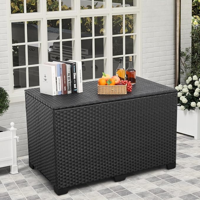 Valita Outdoor Wicker Storage Box, Big Size, Resin Black Rattan Deck Bin - Image 2