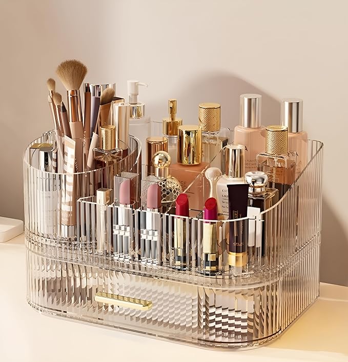 Makeup Organizer with Drawers and 360° Rotating Brush Holder, Large Capacity by Unknown