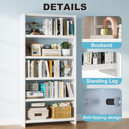 69" White Bookshelf, 5 Tier Tall Bookcase - Image 3