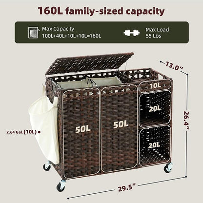 Laundry Hamper with Lid, 160L Rattan Wicker Laundry Basket with Wheels - Image 7