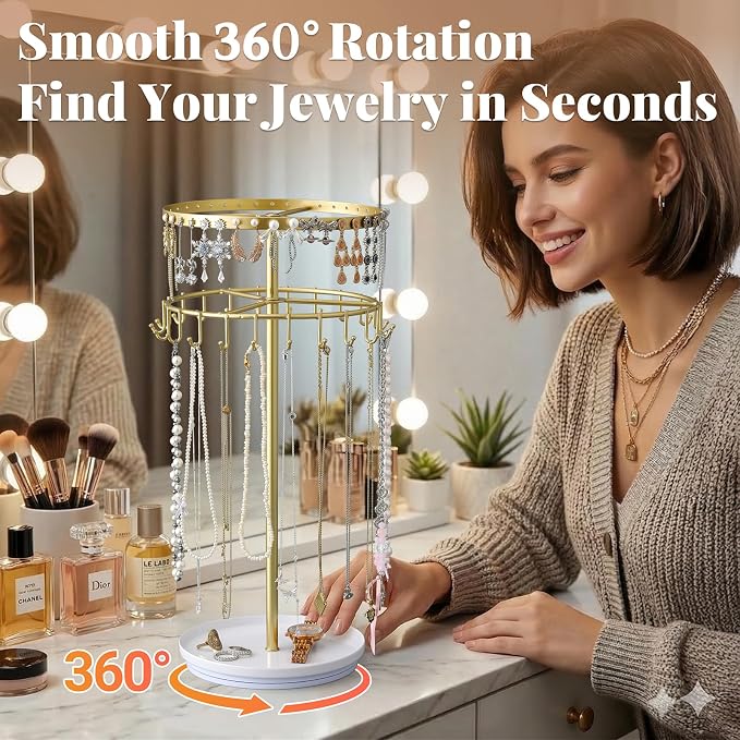 LANDNEOO Necklace Holder Jewelry Organizer, 360° Rotating 3-Tier Jewelry Stand - Image 4