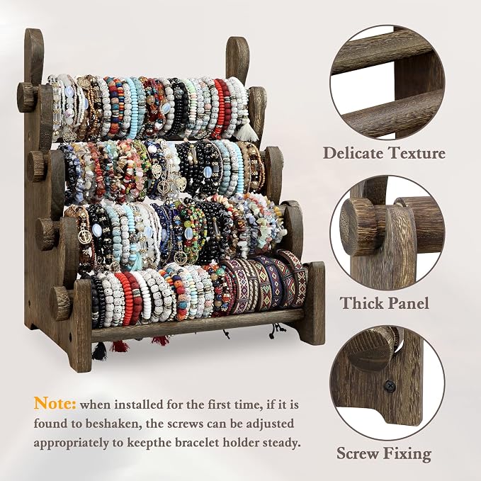 TOPNEW 4 Tier Wooden Bracelet Holder, Scrunchie Bangle Watch Necklace Display - Image 3