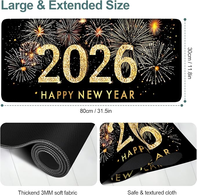 2026 Happy New Year Gaming Mouse Pad 31.5"x11.8"Desk Mat Anti-Slip Rubber Base - Image 2
