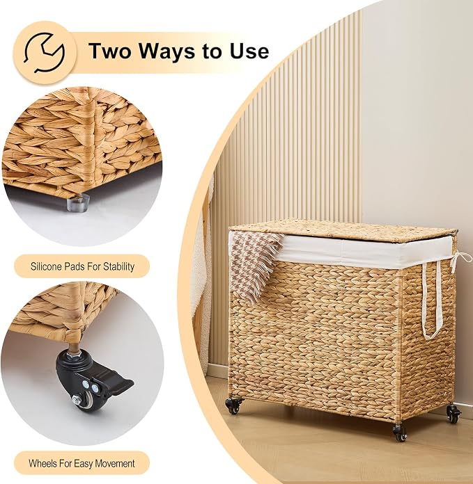 3-Section Laundry Hamper with Lid, Large Capacity Woven Natural Water Hyacinth - Image 4