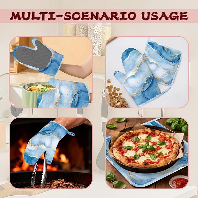 Blue Gold Marble Heat-Resistant Silicone Oven Mitts and Pot Holder 4 Piece Set - Image 6