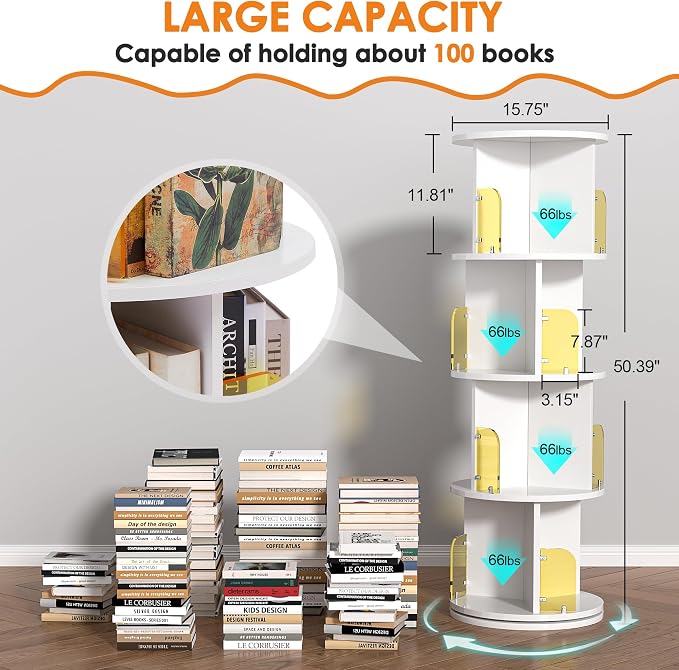 VECELO Rotating Bookshelf Tower, 360°Revolving Bookcase, Round Book Shelf - Image 3
