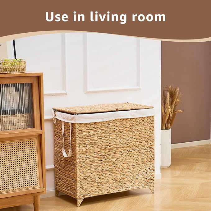 Laundry Hamper with Lid and Removable Liner Bag, Handwoven Natural Hyacinth - Image 4