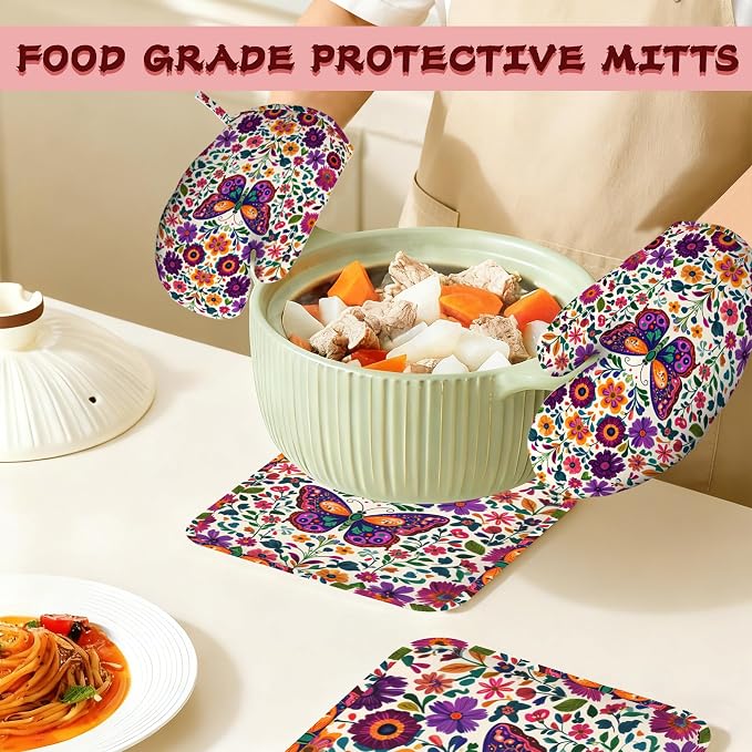 Butterfly Flowers Heat-Resistant Silicone Oven Mitts and Pot Holder 4 Piece Set - Image 7