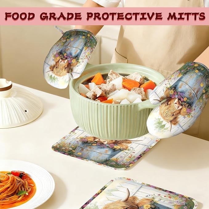 Cute Highland Cow Flowers Garden Heat-Resistant Silicone Oven Mitts and Pot - Image 7