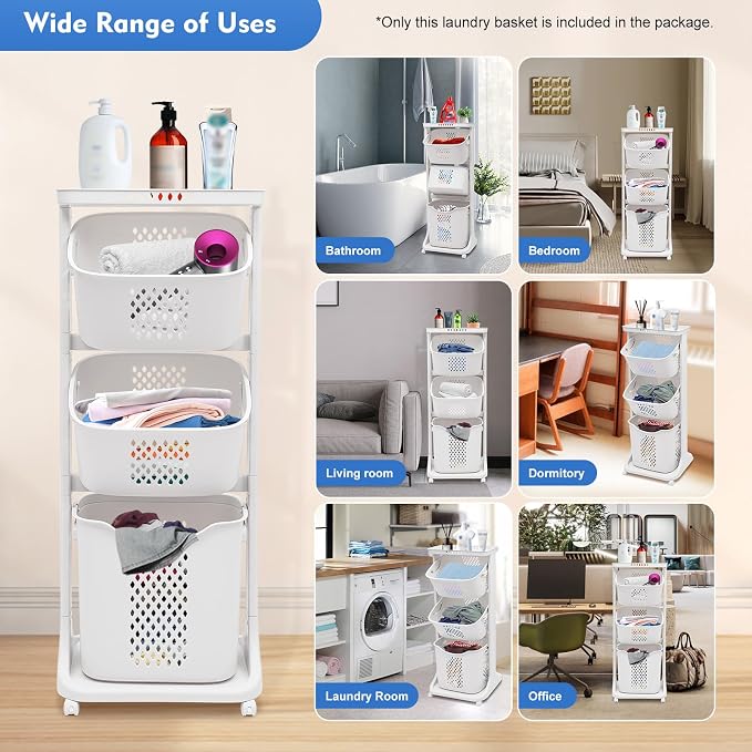 Rolling Laundry Basket, Laundry Hamper 3 Section - Image 7