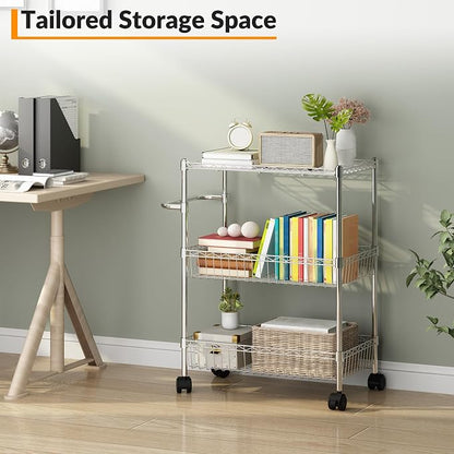 Chrome 3 Tier Rolling Storage Cart, Metal Wire Kitchen Cart - Image 3