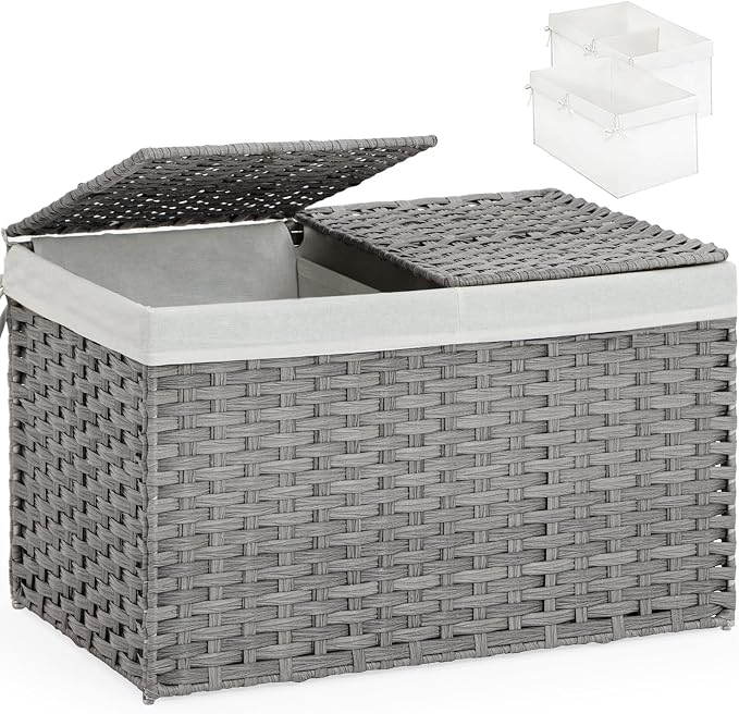 SETVSON Storage Basket with Lid PE Rattan 27.8 Gal Wicker Chest, 2 Removable by SETVSON