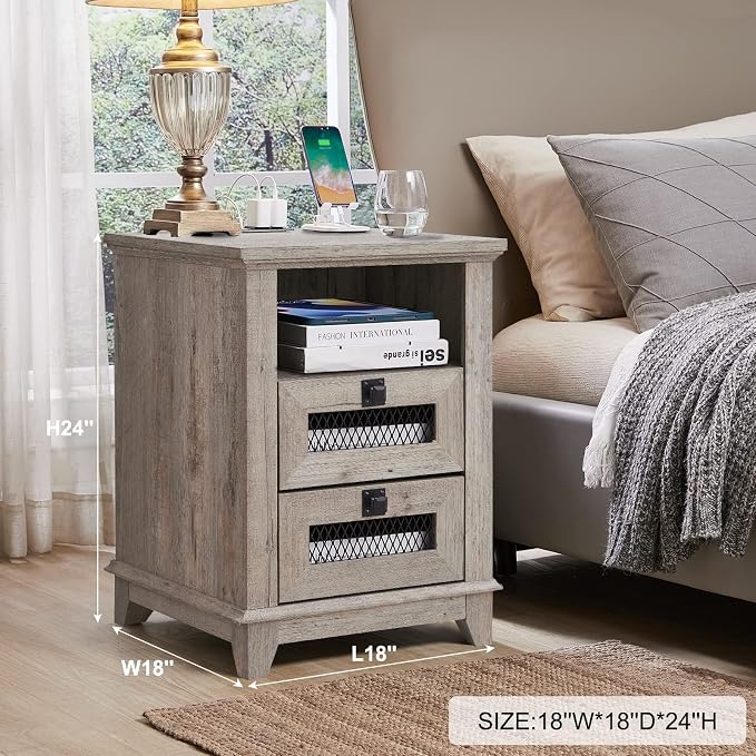 Nightstand with Charging Station, OKD 18'' Industrial & Farmhouse End Table - Image 3