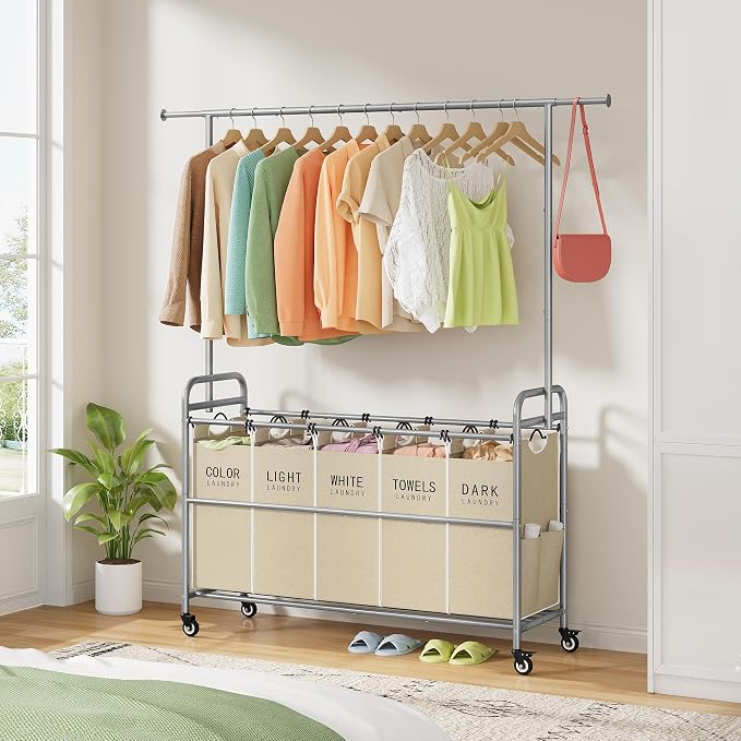 Tajsoon Laundry Sorter with Hanging Bar, 5 Bag Laundry Sorter with Wheels - Image 8
