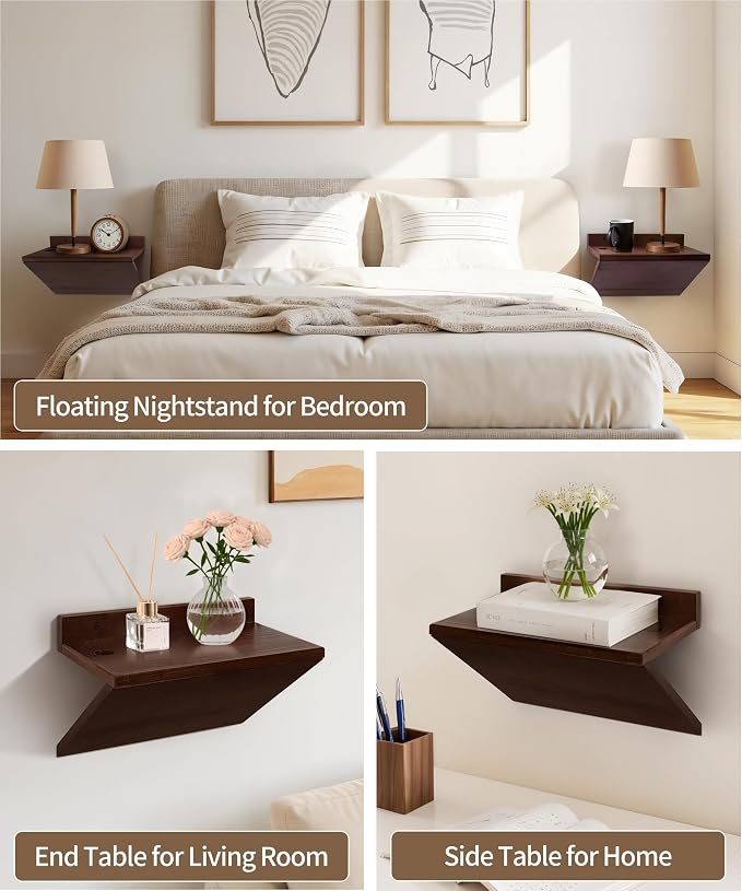 Floating Nightstand, Modern Wood Floating Bedside Table Z-Shape Wall Mounted - Image 4
