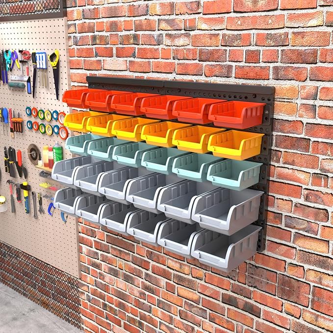 MULSAME Wall Mounted Storage Bins Parts Rack 4 Colors Bin Organizer Garage - Image 5