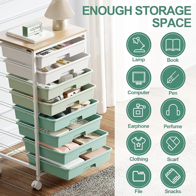 Storage Cart with 8 Drawers, Utility Cart with White Drawers and Wooden Tabletop - Image 8