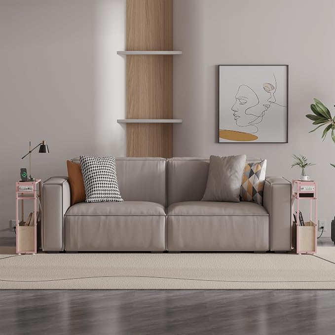 Pink Side Table with Charging Station, Slim End Tables with Linen Basket - Image 5