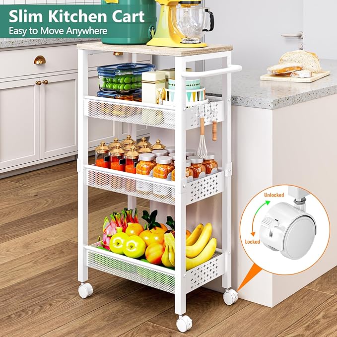 Utility Slim Storage Cart with Wheels, 4 Tier Small Rolling Cart with Wood Top - Image 2