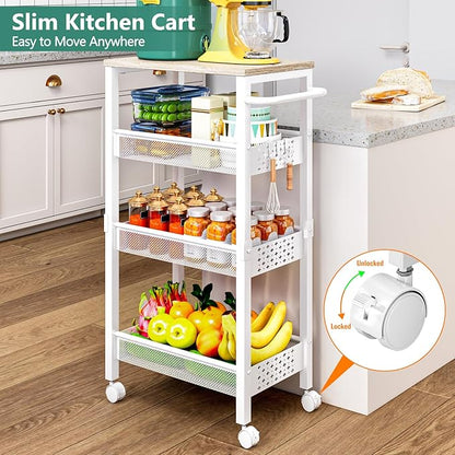 Utility Slim Storage Cart with Wheels, 4 Tier Small Rolling Cart with Wood Top - Image 2