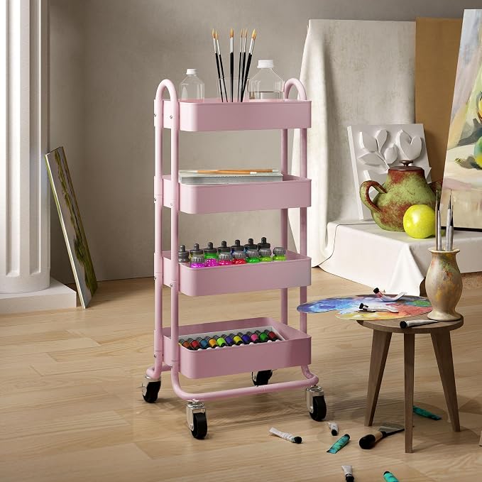 4 Tier Metal Rolling Cart Pink Utility Cart - Image 7