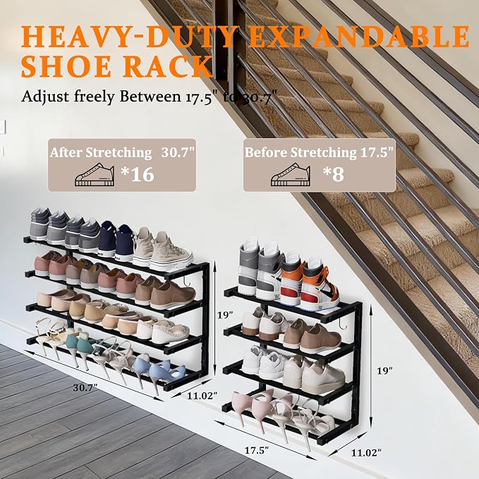 2 Pack Wall Mounted Shoe Rack, 4 Tier Hanging Shoe Rack Holds 32 Pairs - Image 2