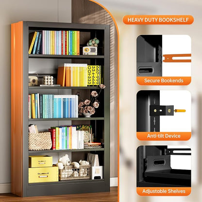 5-Tier Bookcase with Adjustable Storage Shelves, Metal Bookshelf with Book - Image 3