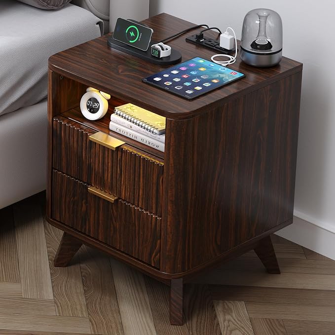 Nightstand with Charging Station, Fluted Nightstand with LED Lights, Modern by Airynee
