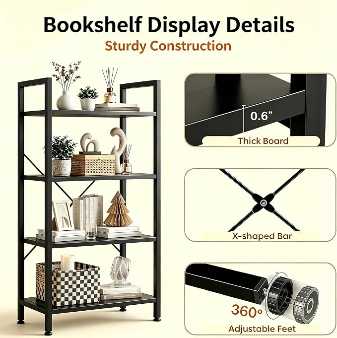 HealSmart 4 Tier Bookshelf, Free Standing Book Shelf Home Office Bookcase Shelf - Image 5