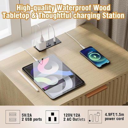 Fluted Nightstand with Charging Station Modern Bedside Table with Drawer and - Image 7