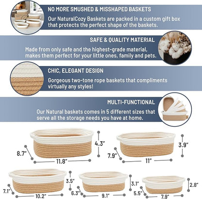 NaturalCozy 5-Piece Rectangle Storage Basket Set- Natural Cotton Rope Woven - Image 2
