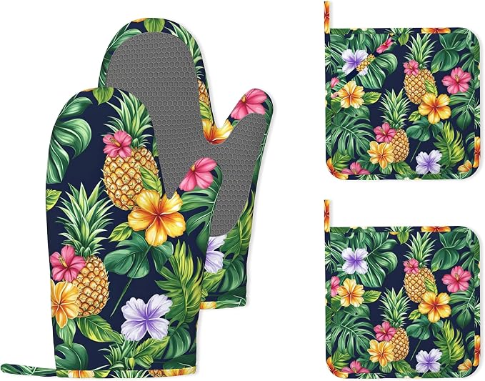 Pineapple Heat-Resistant Silicone Oven Mitts and Pot Holders, Hawaiian Tropical by Unknown