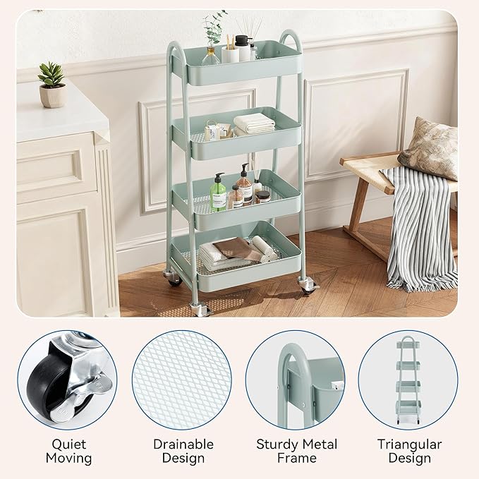 OLIXIS Metal 4 Tiers Utility Rolling Cart, Mobile Storage Shelf - Image 2