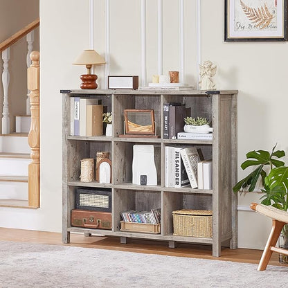 9 Cube Bookcase, Farmhouse 47 Inch Wide Grey Oak Bookshelf, Wooden 3 Tier - Image 6