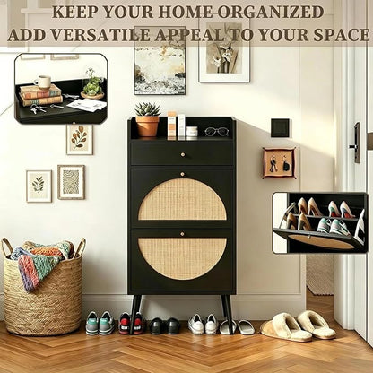 9.4" Ultra Slim Black Shoe Storage Organizer Set of 2 Arched Rattan Shoe Cabinet - Image 3