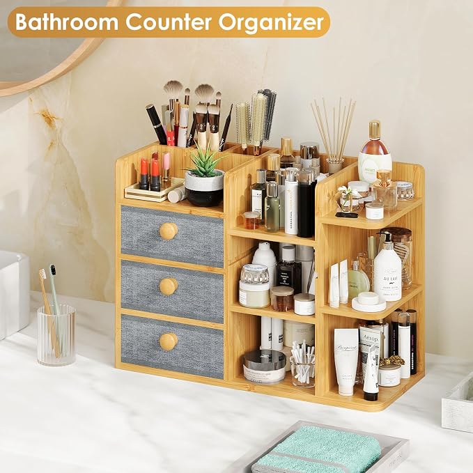 Large Makeup Organizer For Vanity, Large Capacity 3 Tiers Bamboo Bathroom - Image 9