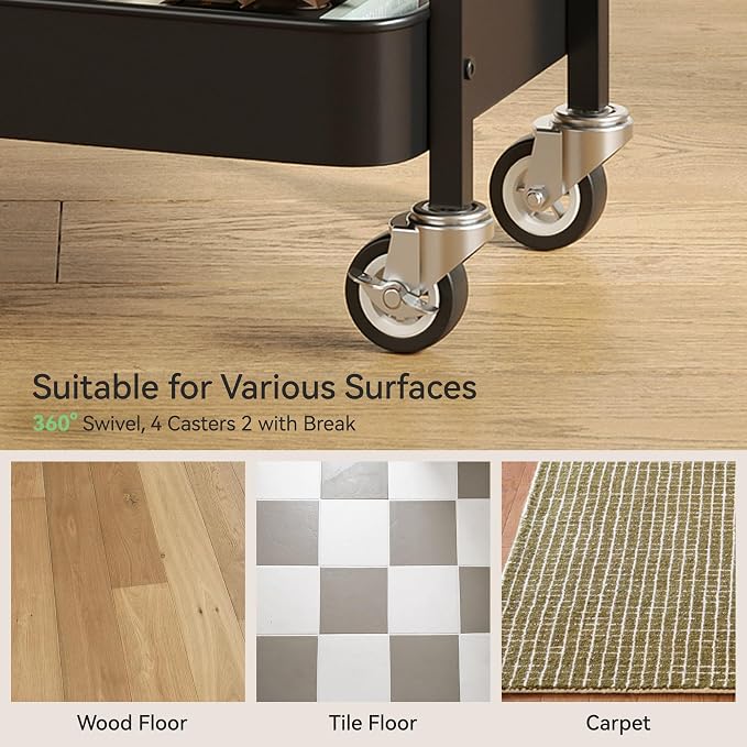 Nunsino 3 Tier Rolling Cart, Utility Cart - Image 5