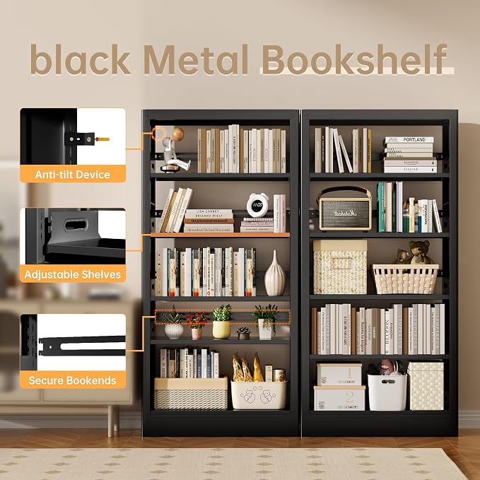 5-Tier Bookcase with Adjustable Storage Shelves, Heavy Duty Bookcase, Metal - Image 3