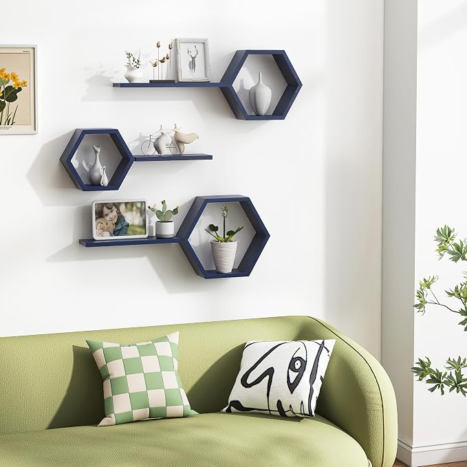 Wooden Hexagon Floating Shelves Wall Mounted, Rustic Honeycomb Shelves - Image 3