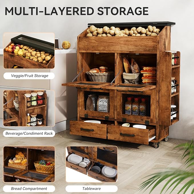 Verano Garden 31.5" Large Potato and Onion Storage Bin on Wheels, Bread Box | - Image 3