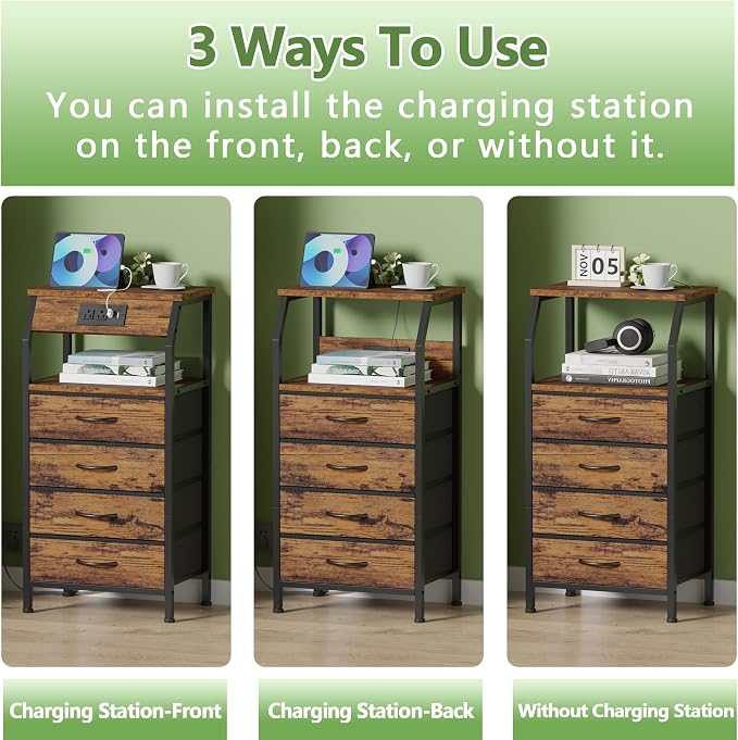 Furnulem Night Stand with Charging Station, 4 Drawers Tall Bedside Table | - Image 6