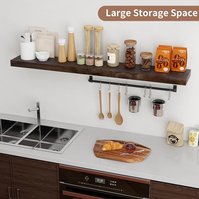 Axeman Floating Shelves for Wall, Rustic Elm Wood 56'' W x 8" D Wall Shelf - Image 2