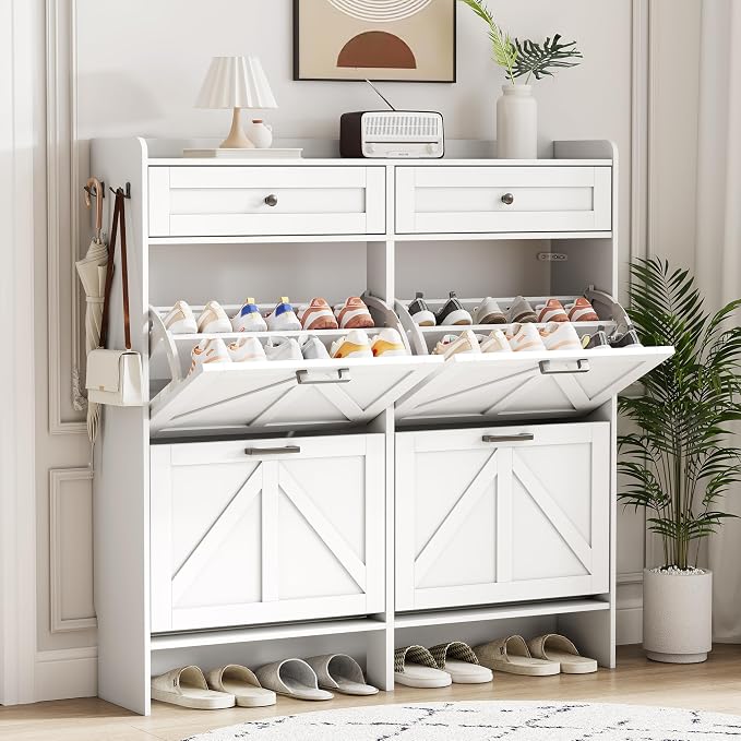 Shoe Cabinet with 4 Flip Drawers & 2 Top Drawers, Wooden Narrow Hidden Slim - Image 5