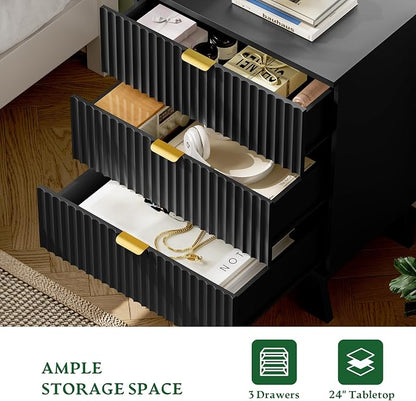 Fluted Nightstand with Charging Station, Modern Wood Side Table Night Stand - Image 5