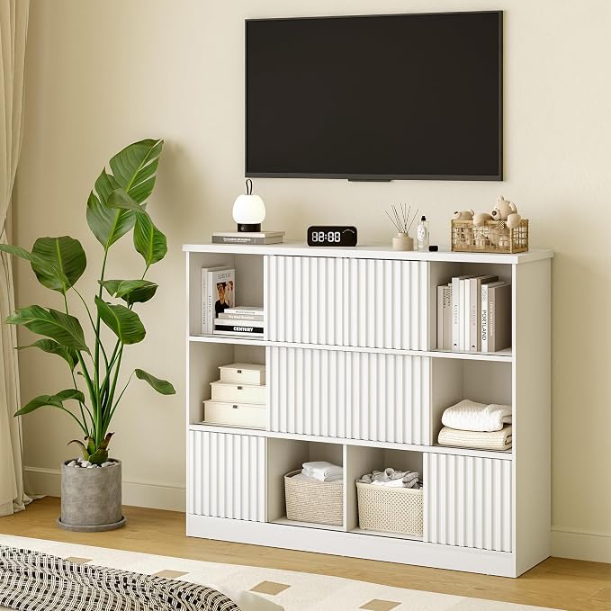 iPormis 12 Cube Bookcase with 6 Fluted Sliding Doors, 3 Tier Wooden Bookshelf - Image 9