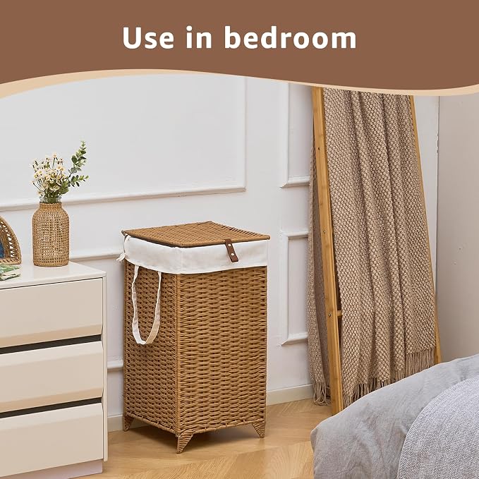 Laundry Hamper with Lid and Removable Liner Bag, Handwoven Rattan Clothes - Image 5