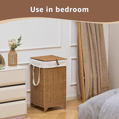 Laundry Hamper with Lid and Removable Liner Bag, Handwoven Rattan Clothes - Image 5